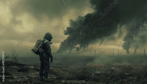 A lone figure in a protective suit observes the dark smoke clouds rising from industrial wasteland during the desolate twilight hours