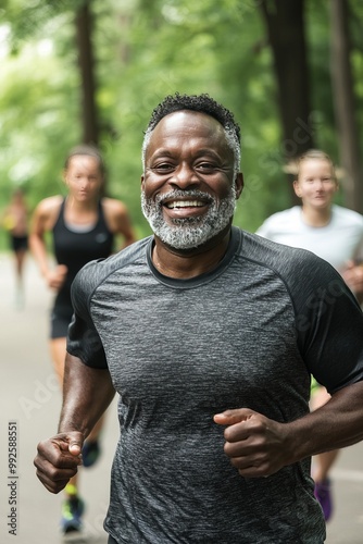 A Community Park Hosting A 5K Fun Run. Runners Of All Ages And Fitness Levels Join In