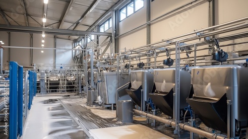 A modern dairy farm with cows lined up in automated milking stations