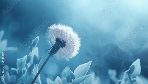A blooming dandelion stands out against a soft blue background in a serene garden setting during the early morning light