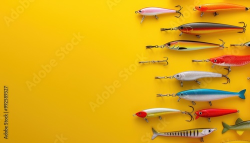 Colorful fishing lures arranged on a bright yellow background showcasing various designs and colors for anglers interested in fishing gear