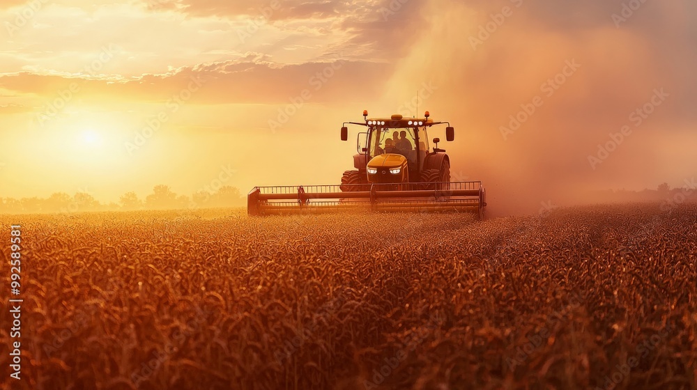 A modern tractor harvesting a field of ripe soybeans, with dust clouds rising A modern tractor harvesting a field of ripe soybeans, with dust clouds rising