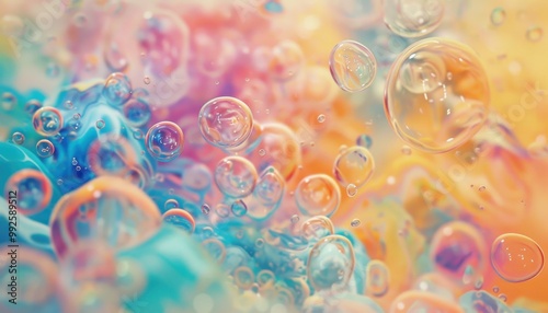 Colorful and vibrant bubbles floating in a soft pastel background with a dreamy and whimsical atmosphere