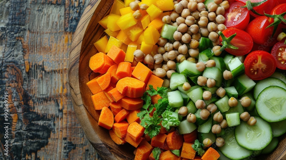 Close-Up of Fresh Vegetarian Salad with Lentils, Chickpeas, and Vegetables - Top-View on Wooden Background Close-Up of Fresh Vegetarian Salad with Lentils, Chickpeas, and Vegetables - Top-View on Wooden Background