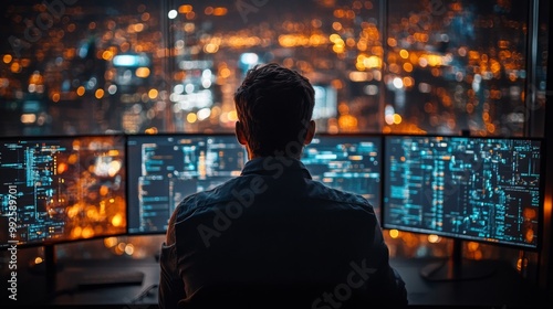 Programmer Working Late at Night in Front of Multiple Monitors