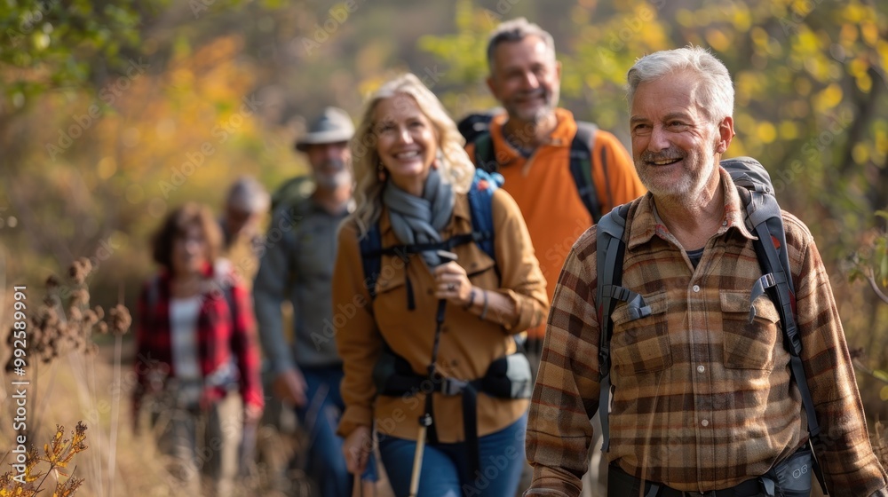 Middle aged group hiking on a scenic trail Middle aged group hiking on a scenic trail