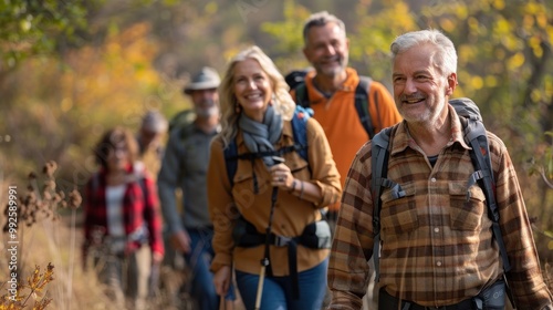 Middle aged group hiking on a scenic trail