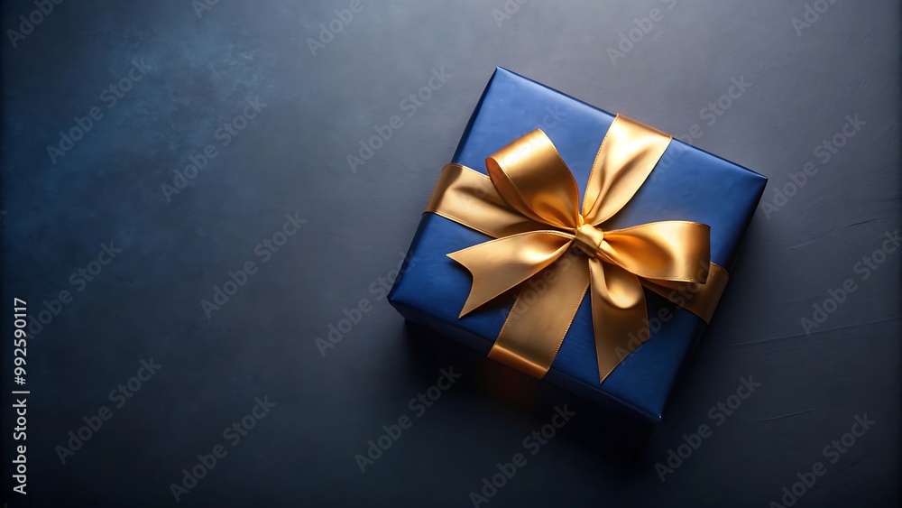 blue gift box with golden ribbon isolated on dark background with copy space blue gift box with golden ribbon isolated on dark background with copy space