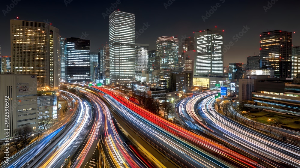 Obraz premium Night Cityscape with Light Trails and Skyscrapers