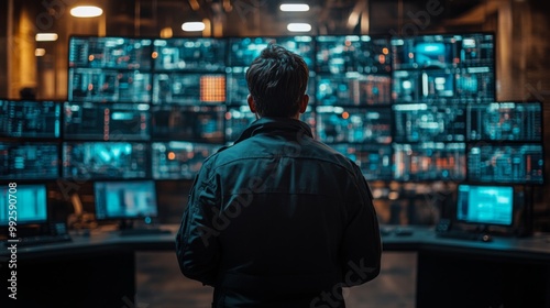 Man Standing in Front of Wall of Screens in Control Room