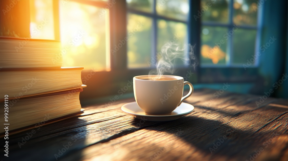 A steaming coffee cup rests on a rustic wooden table, sunlight streaming through a large window, surrounded by books. A steaming coffee cup rests on a rustic wooden table, sunlight streaming through a large window, surrounded by books.