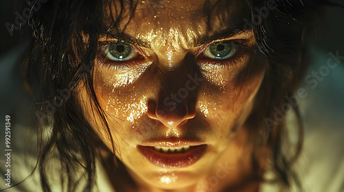 A woman with gritted teeth, her face illuminated by a single source of light, shadows dancing across her skin, eyes filled with a mixture of anger and hurt