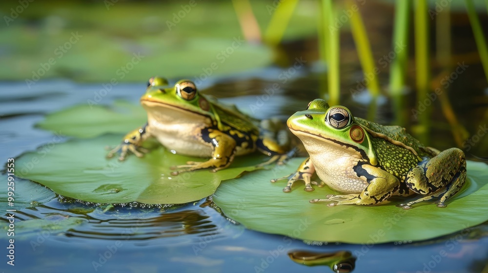 Frogs croaking on lily pads, clear water, gentle ripples, reeds swaying in the wind, a thriving and vibrant ecosystem Frogs croaking on lily pads, clear water, gentle ripples, reeds swaying in the wind, a thriving and vibrant ecosystem