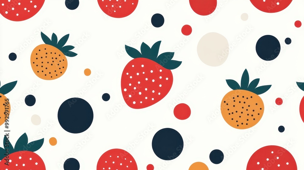 A fresh and vibrant seamless background design featuring strawberries and circles, perfect for modern branding and decor. A fresh and vibrant seamless background design featuring strawberries and circles, perfect for modern branding and decor.