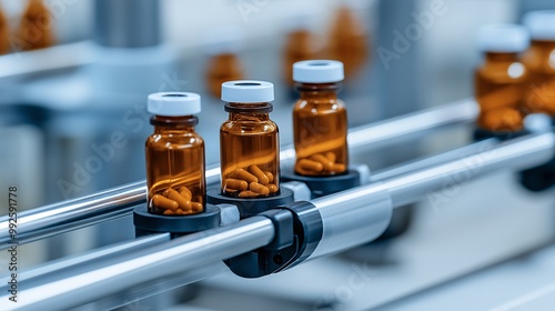 Pharmaceutical Production Line with Medicine Bottles photo