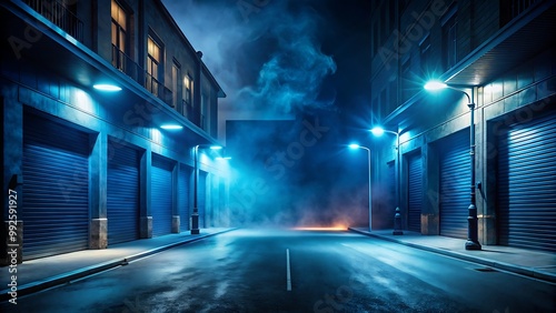 scene of empty dark street at night with smoke float up and spot lights, the interior texture for display products 