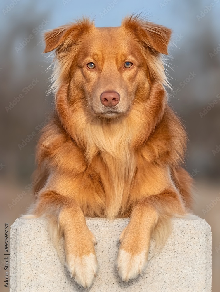 Cute Golden Retriever Dog Sitting on Concrete Block Cute Golden Retriever Dog Sitting on Concrete Block