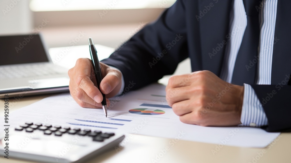A close-up of an accountant's hands working diligently on financial documents at a desk, with a calculator, pen, and charts in front of him. A close-up of an accountant's hands working diligently on financial documents at a desk, with a calculator, pen, and charts in front of him.