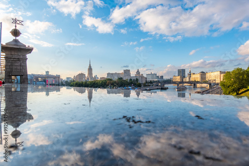 Canvas Print View of Berezhkovskaya Embankment in Moscow with reflection on a mirror stone su
