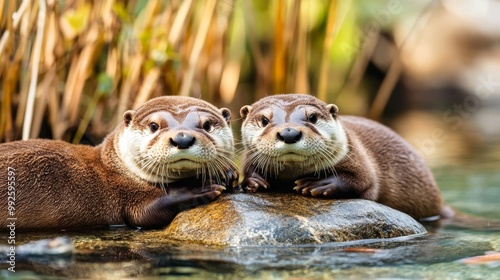 Otters resting on rocks in a clear river, surrounded by reeds, fish swimming nearby, a playful and natural wildlife moment photo