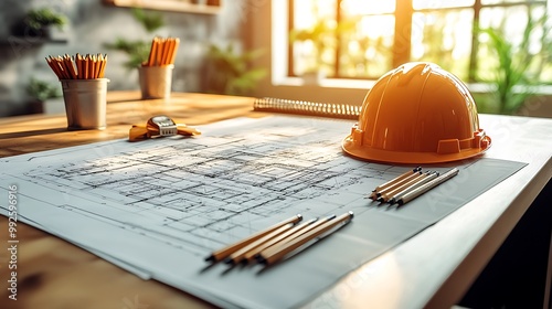 A professional workspace showing a detailed architectural blueprint spread across the desk, drafting pencils carefully arranged, and a hard hat resting on the edge of the table. photo