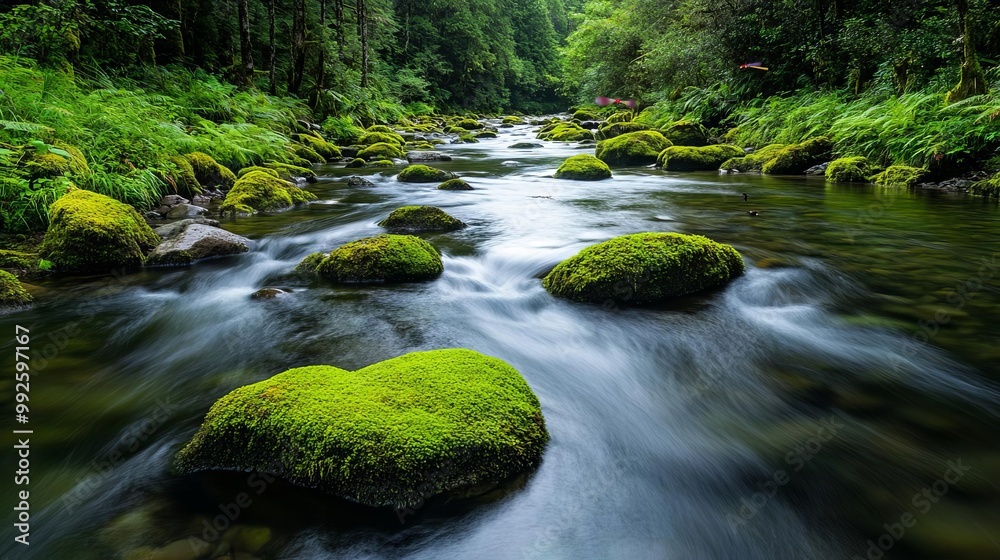 Pristine river flowing over moss-covered rocks, lush forest surrounding the banks, dragonflies hovering above the water, peaceful and untouched Pristine river flowing over moss-covered rocks, lush forest surrounding the banks, dragonflies hovering above the water, peaceful and untouched