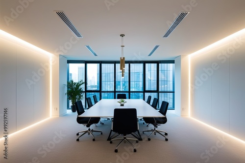 Softly Illuminated Minimalistic Office Layout with Spacious Windows and Exquisite Light Effects photo