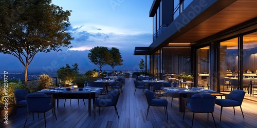 modern large hotel restaurant rooftop with luxury dark blue table and chairs set, elegant wooden floor and beautiful natural view 