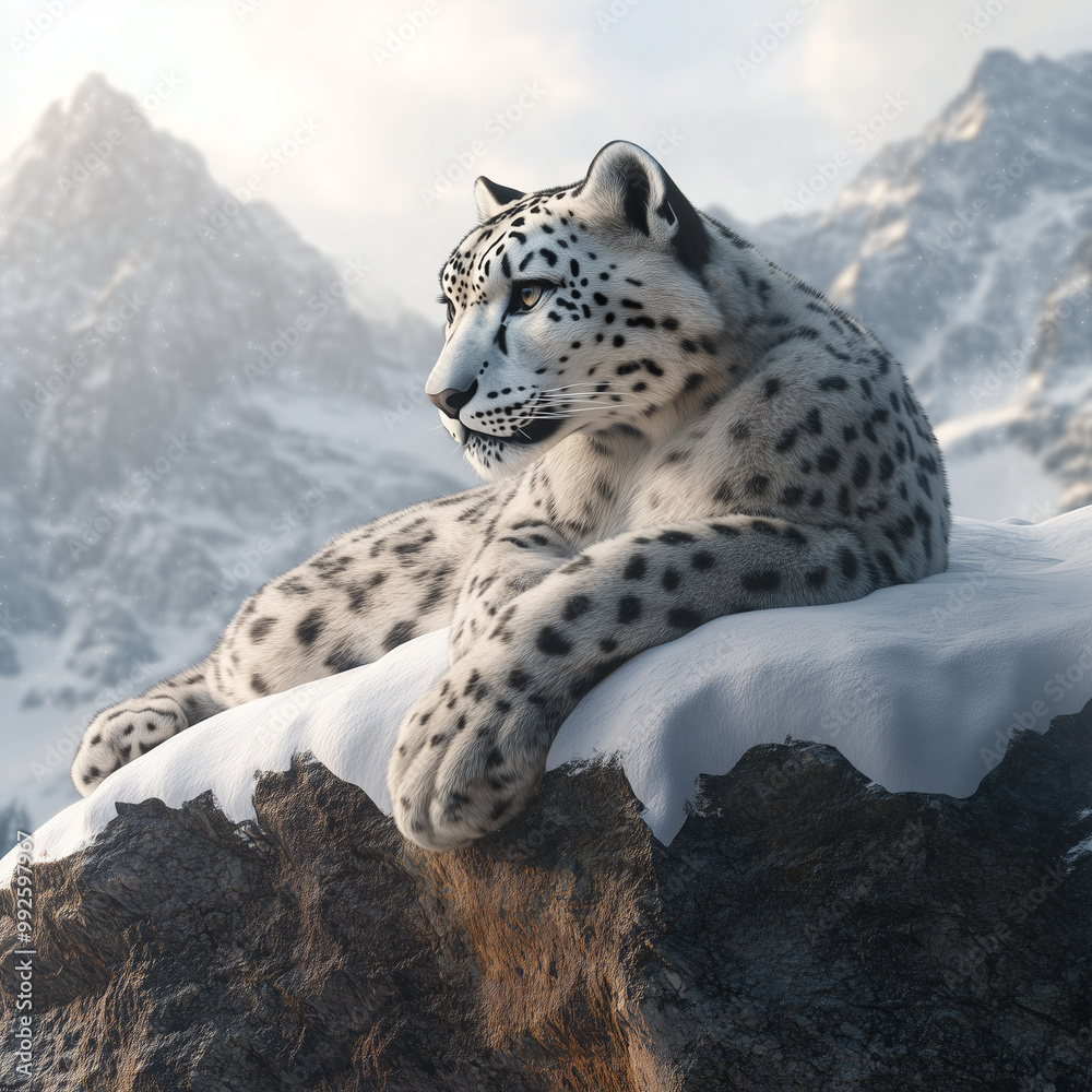 Obraz premium A snow leopard resting on a snowy cliff, mountains in the background, cold winter atmosphere with soft sunlight, detailed focus on the leopard's fur and the snow, calm and majestic mood