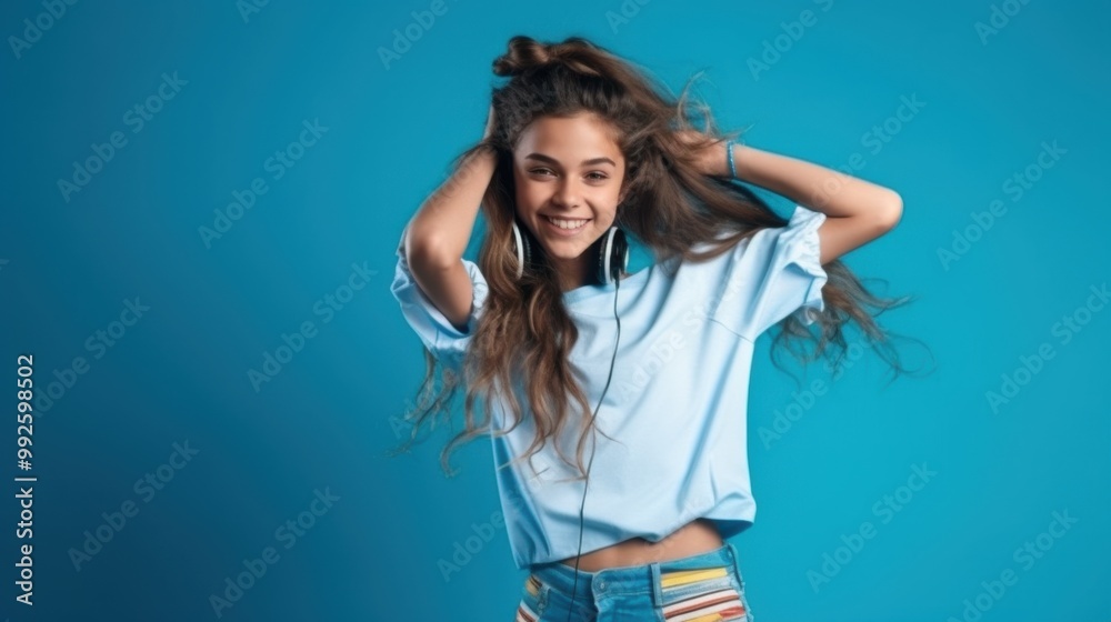 A joyful young girl wearing headphones and a light blue shirt dances with her hands in her hair against a blue backdrop. A joyful young girl wearing headphones and a light blue shirt dances with her hands in her hair against a blue backdrop.