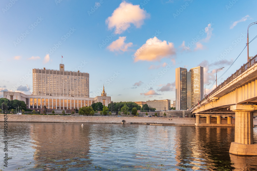 Fototapeta premium House of the government of the russian federation, White House, at summer sunset, Moscow, Russia.