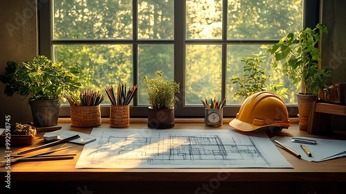 A professionally organized architect's desk with blueprints, pencils, rulers, and a hard hat, bathed in warm, natural lighting from a nearby window, photo