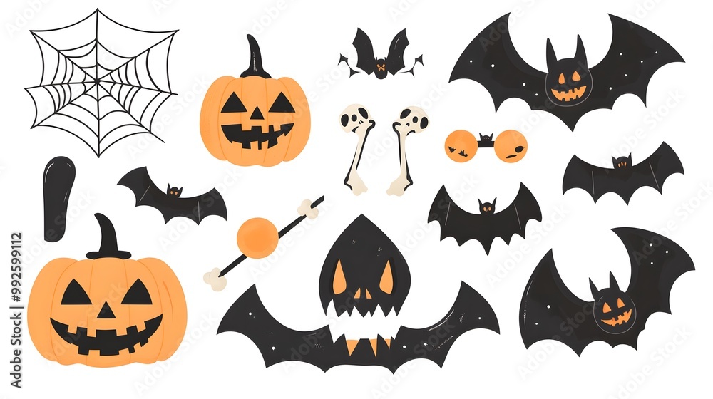 Fototapeta premium Vector Halloween Elements Including Bats, Spider Webs, Pumpkins, and Bones in a Flat Style with Simple Design Isolated on White Background. Perfect for Seasonal Decor and Festive Celebrations