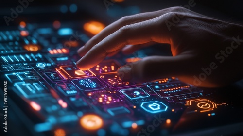 A hand hovers over a futuristic, glowing interface.