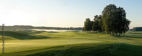 Scenic golf course landscape at sunrise, featuring lush greens and serene fog, perfect for outdoor sports and nature enthusiasts.