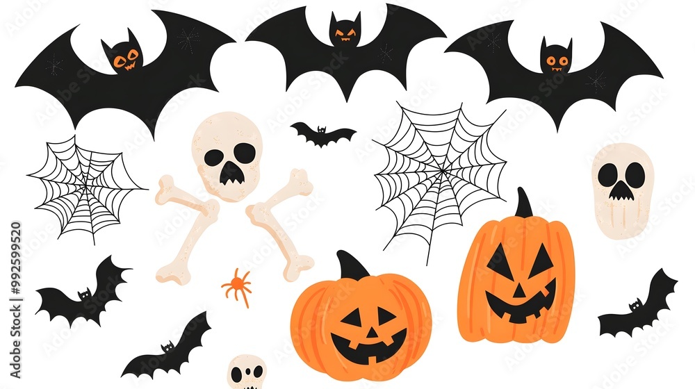 Vector Halloween Elements Including Bats, Spider Webs, Pumpkins, and Bones in a Flat Style with Simple Design Isolated on White Background. Perfect for Seasonal Decor and Festive Celebrations Vector Halloween Elements Including Bats, Spider Webs, Pumpkins, and Bones in a Flat Style with Simple Design Isolated on White Background. Perfect for Seasonal Decor and Festive Celebrations