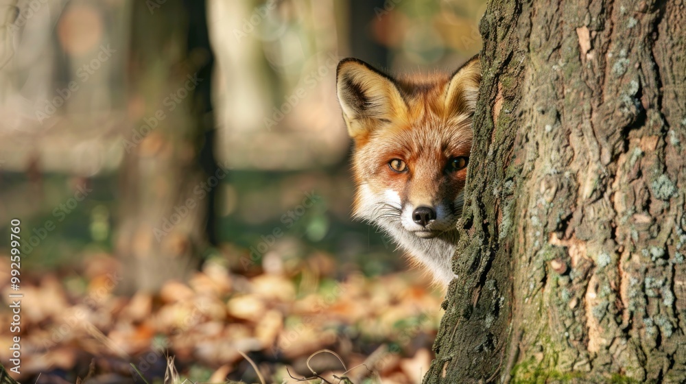 A fox peeking out from behind a tree A fox peeking out from behind a tree