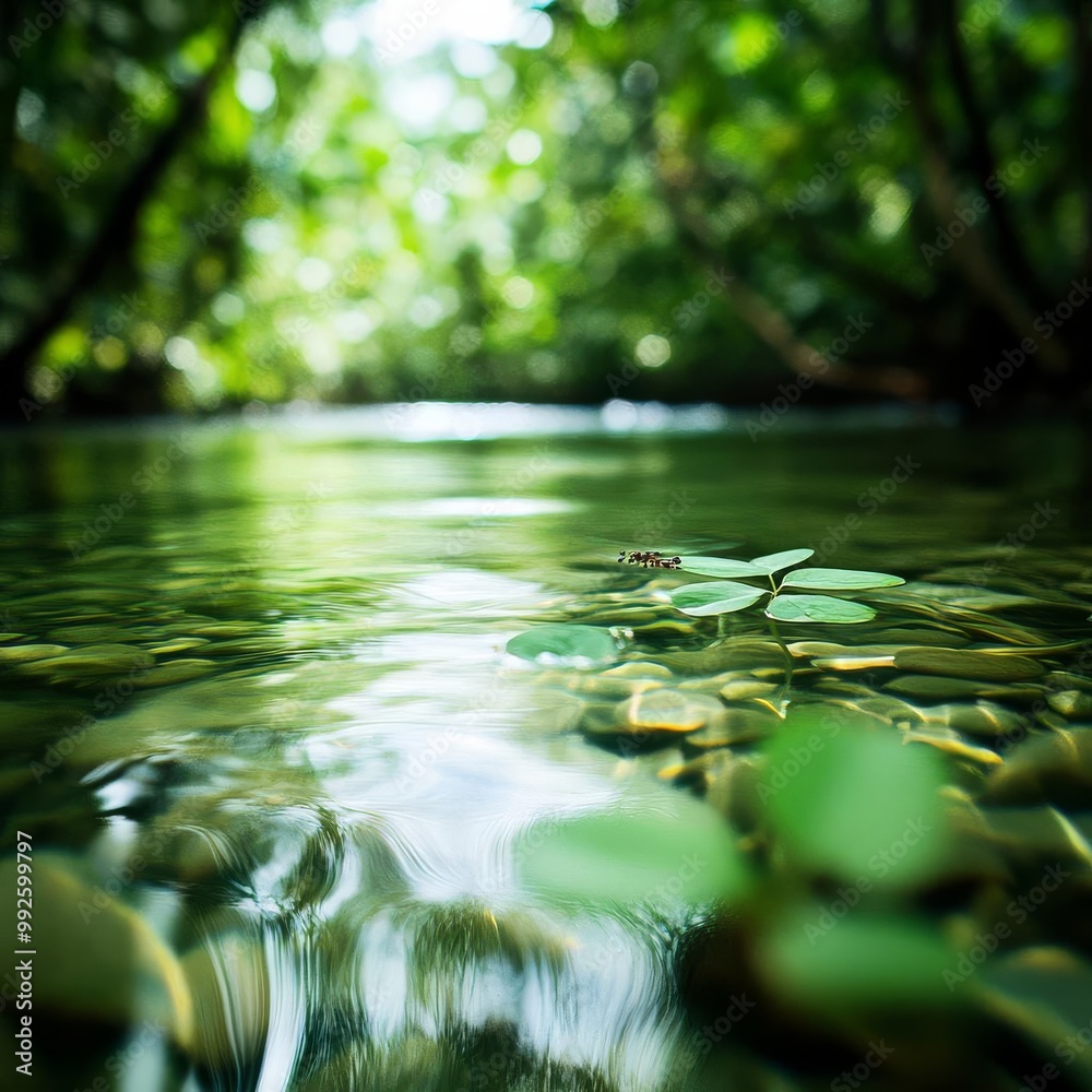 River flowing gently through a dense forest, clear water reflecting the greenery, birds singing in the background, a peaceful escape River flowing gently through a dense forest, clear water reflecting the greenery, birds singing in the background, a peaceful escape