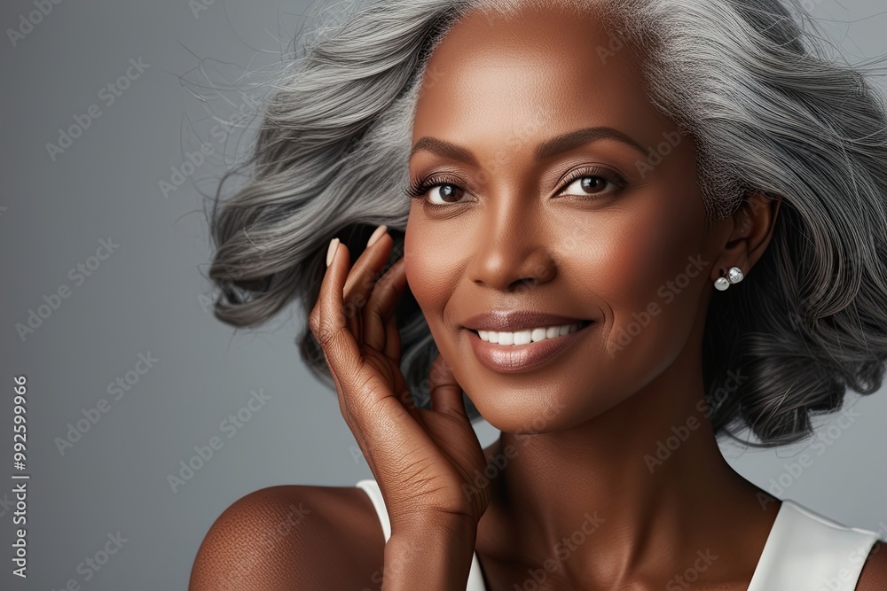 Radiant Woman of Color with Silky, Healthy Facial Skin and Graceful Silver Locks Radiant Woman of Color with Silky, Healthy Facial Skin and Graceful Silver Locks