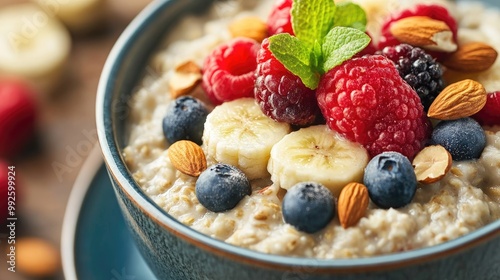 A bowl of steaming oatmeal topped with fresh fruits and nuts, highlighting healthy grains for breakfast.