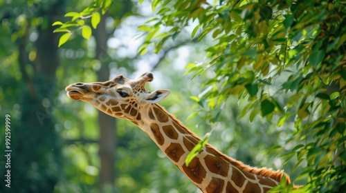 A giraffe stretching its neck to reach high leaves photo