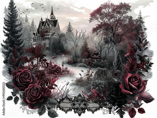 Intricate digital artwork depicting a gothic mansion surrounded by dark roses and a misty forest, blending eerie atmosphere and dark romance. photo