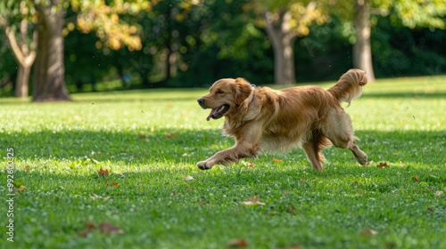 A golden retriever playing fetch in the park