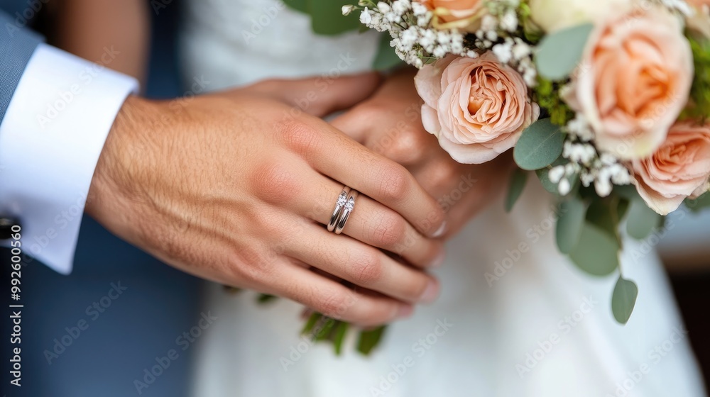 A bride and groom's hands showing their wedding rings, holding a bouquet of flowers. A bride and groom's hands showing their wedding rings, holding a bouquet of flowers.