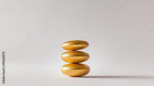 A carefully balanced stack of gold coins set against a minimalist, white background.