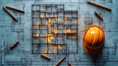 A top-down view of a detailed architectural drawing, pencils scattered across the blueprint, with a hard hat resting on the side. The lighting highlights the precision of the lines, photo