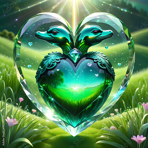 Explore a stunning digital illustration of a transparent crystal human heart adorned with shimmering effects, set in a picturesque green field landscape. Inside, a cute platypus awaits. photo