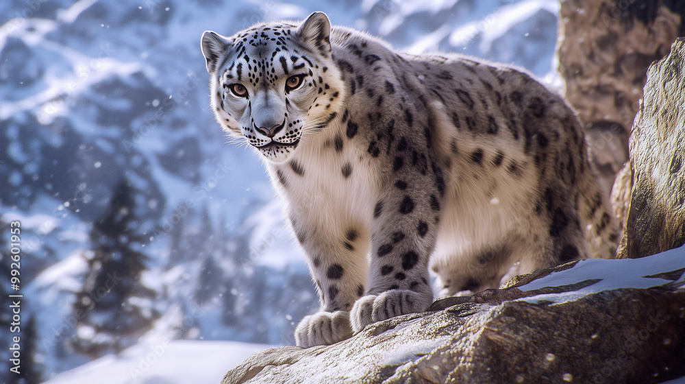 Close-up of a snow leopard standing on a rocky mountain ledge, snow-covered landscape in the background, bright sunlight highlighting the leopard's fur, sharp and majestic atmosphere Close-up of a snow leopard standing on a rocky mountain ledge, snow-covered landscape in the background, bright sunlight highlighting the leopard's fur, sharp and majestic atmosphere