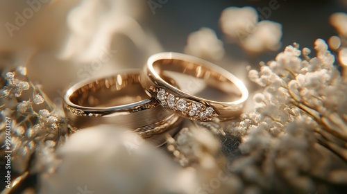 A close-up of rings exchanged during a wedding ceremony, with soft light illuminating the metal bands.