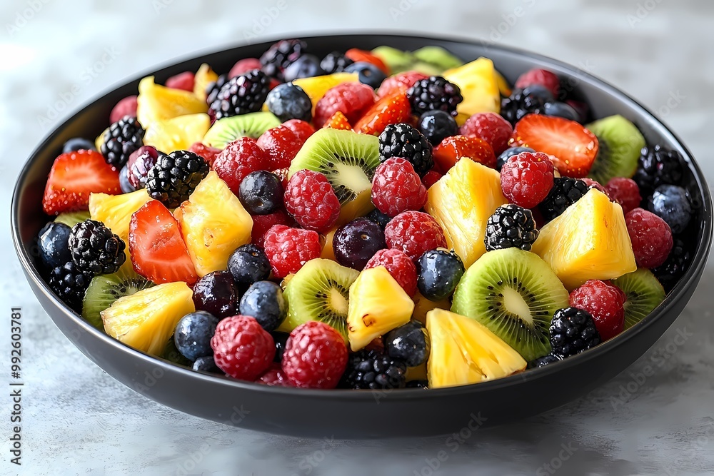 A large bowl of fresh, mixed fruit, including strawberries, kiwi, pineapple, blueberries, and blackberries. A large bowl of fresh, mixed fruit, including strawberries, kiwi, pineapple, blueberries, and blackberries.